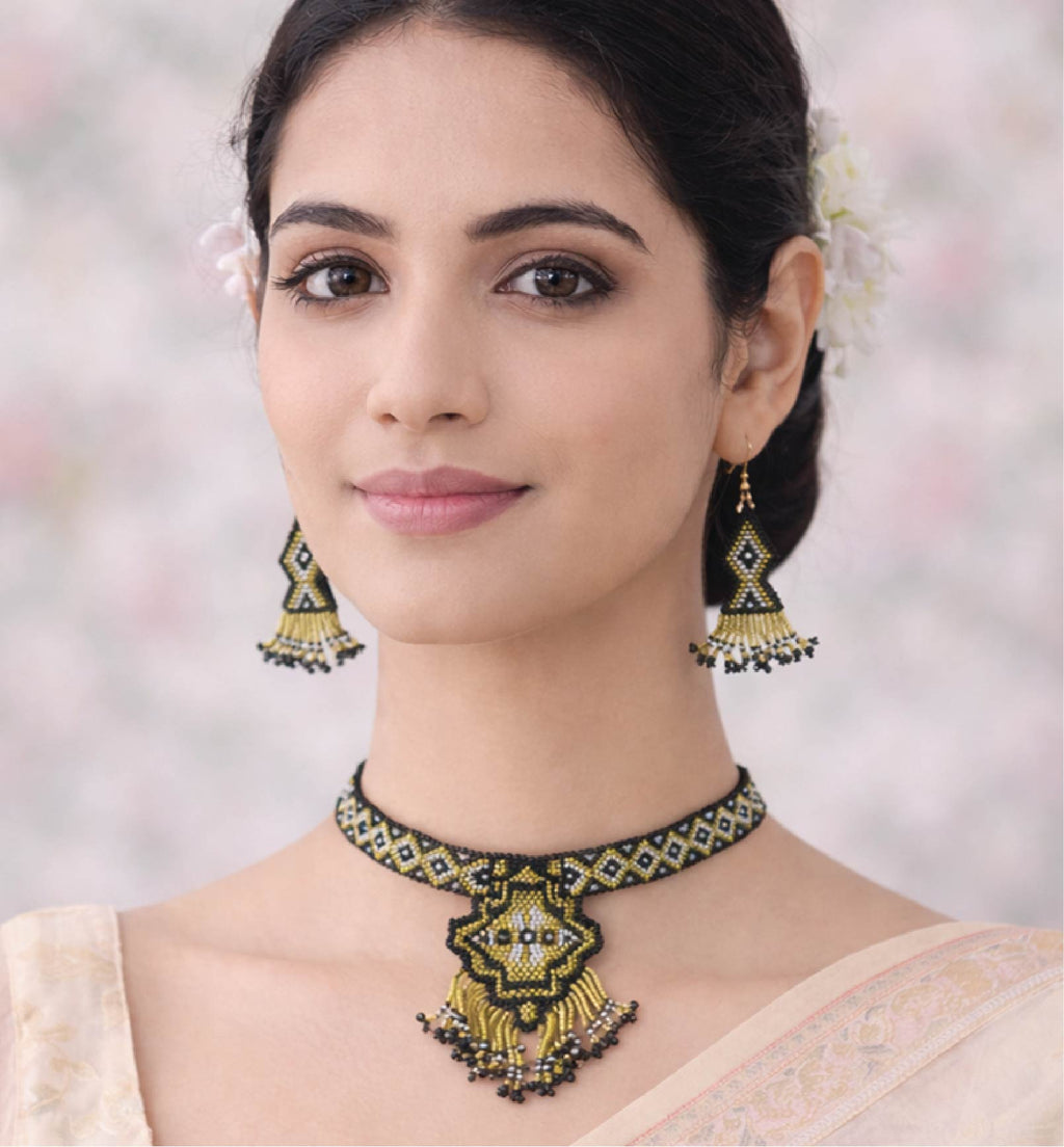 Handcrafted Geometric Beadwork Choker Necklace Set