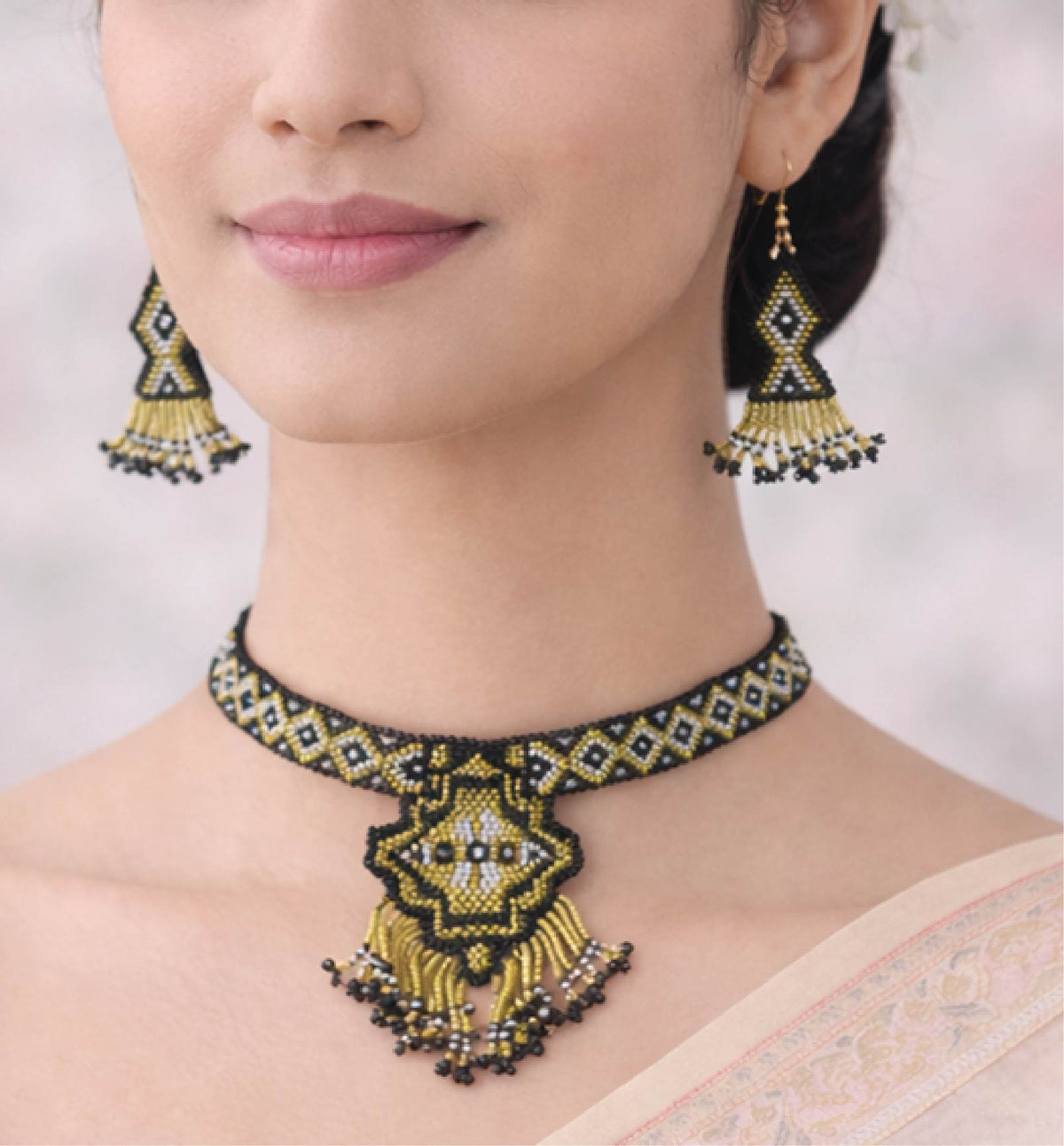 Handcrafted Geometric Beadwork Choker Necklace Set