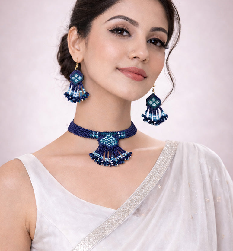 Handcrafted Beaded Choker Necklace Set with Medium Size Pendant