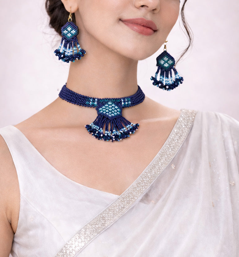 Handcrafted Beaded Choker Necklace Set with Medium Size Pendant