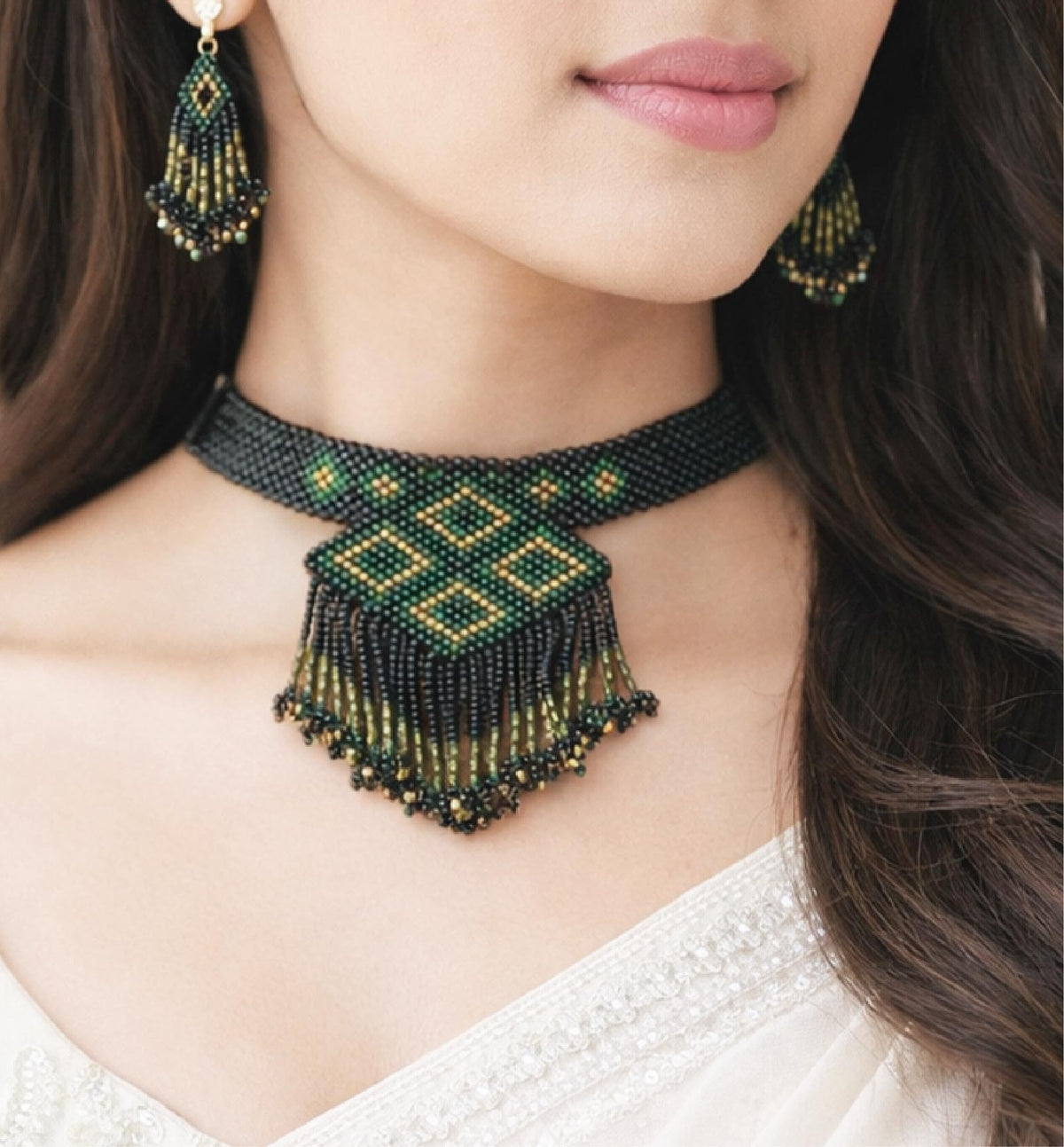 Handcrafted Beaded Choker Necklace Set with Medium Size Pendant
