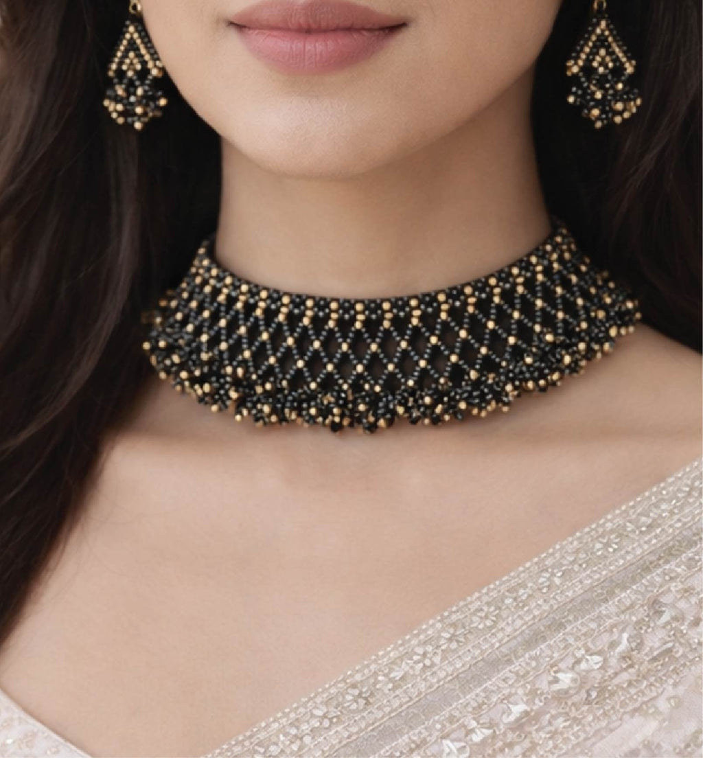 Handcrafted Jali Beaded Choker Necklace Set with Earrings