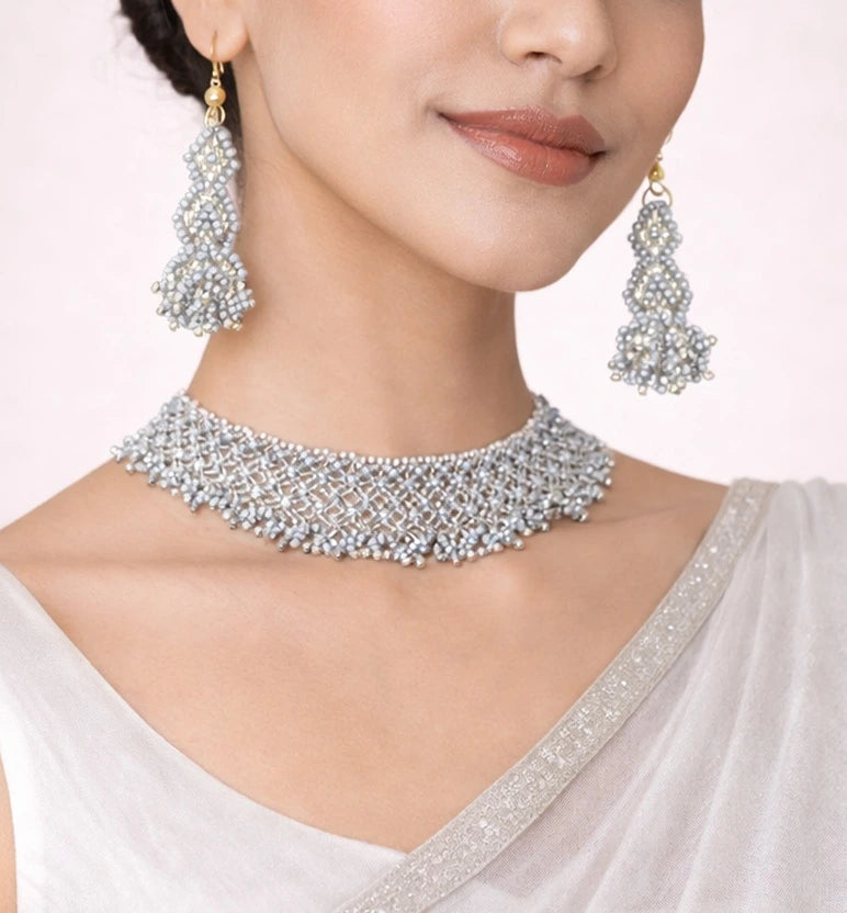 Handcrafted Jali Beaded Choker Necklace Set with Earrings