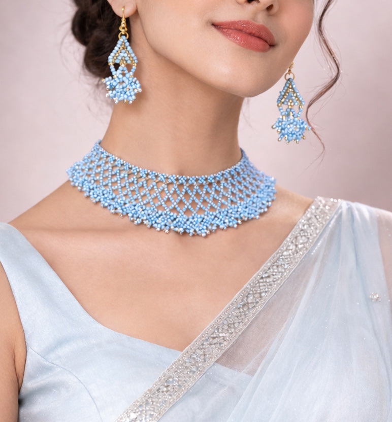 Handcrafted Jali Beaded Choker Necklace Set with Earrings