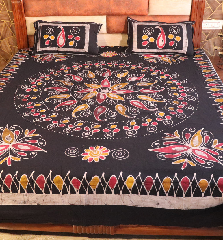 Handcrafted Batik Print Cotton Double Bed Sheet with Two Pillow Covers