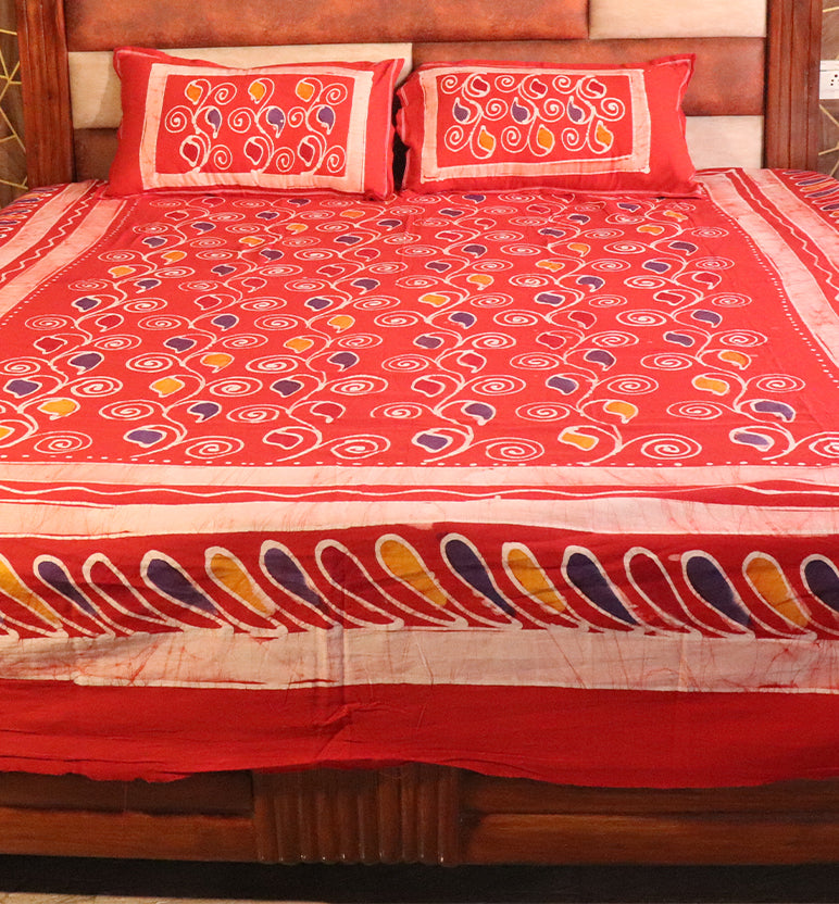 Handcrafted Batik Print Cotton Double Bed Sheet with Two Pillow Covers