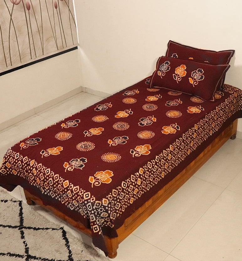 Handcrafted Batik Print Cotton Single Bed Sheet with Two Pillow Covers