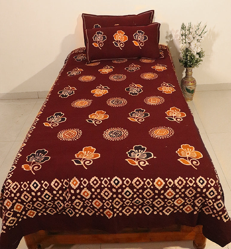 Handcrafted Batik Print Cotton Single Bed Sheet with Two Pillow Covers