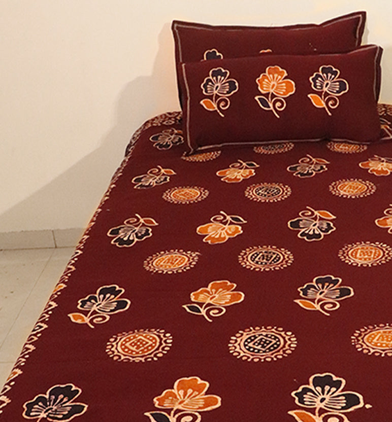 Handcrafted Batik Print Cotton Single Bed Sheet with Two Pillow Covers
