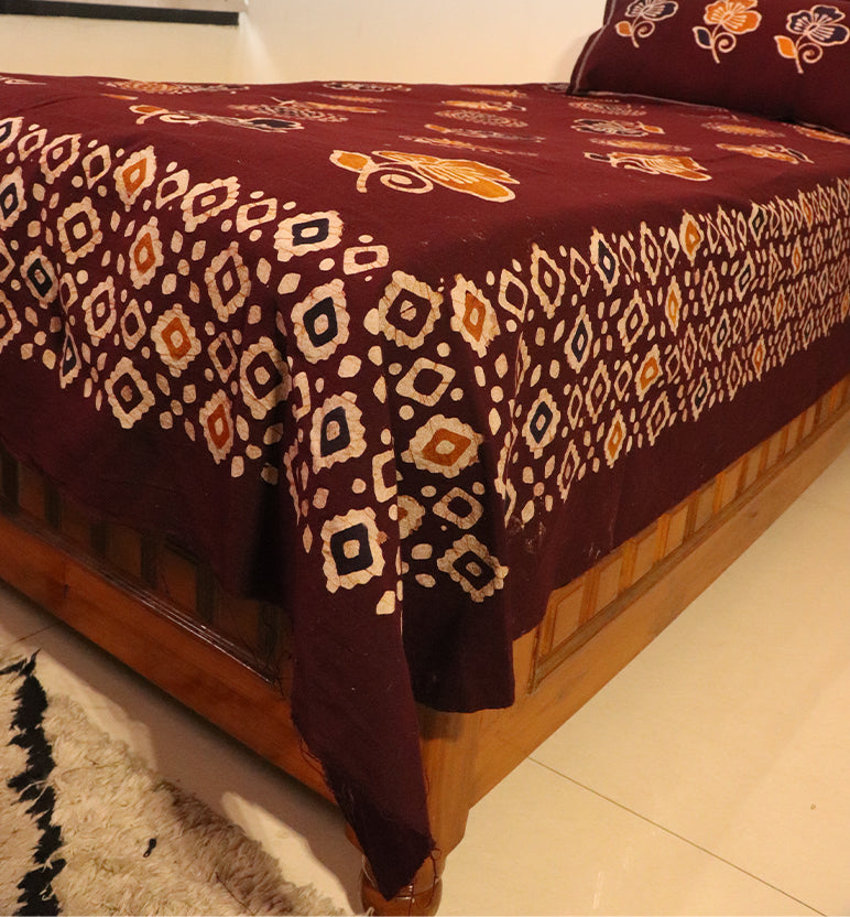 Handcrafted Batik Print Cotton Single Bed Sheet with Two Pillow Covers