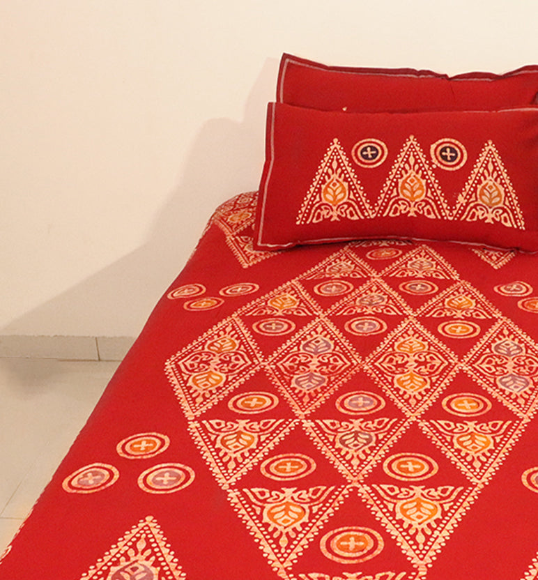 Handcrafted Batik Print Cotton Single Bed Sheet with Two Pillow Covers