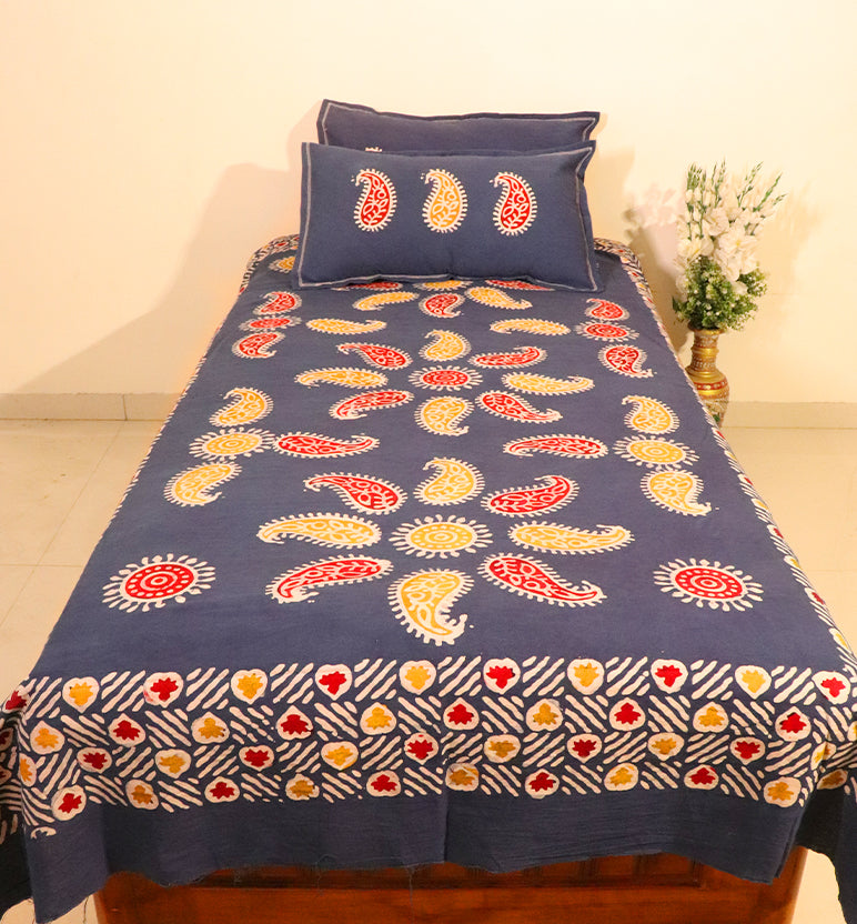 Handcrafted Batik Print Cotton Single Bed Sheet with Two Pillow Covers
