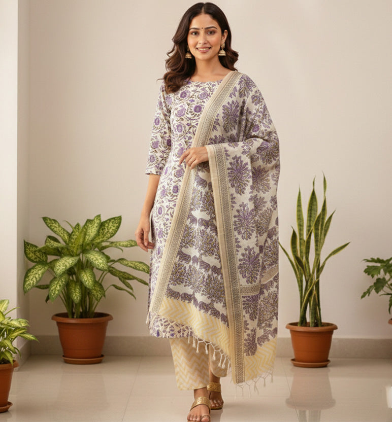 Gond Art Block Print Maheshwari Unstitched Suit Set – 3 Piece
