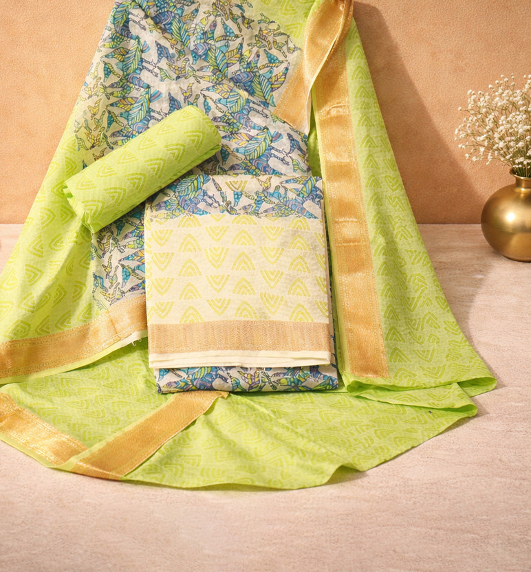 Gond Art Block Print Maheshwari Unstitched Suit Set – Heritage Tribal Motif (3 Piece)