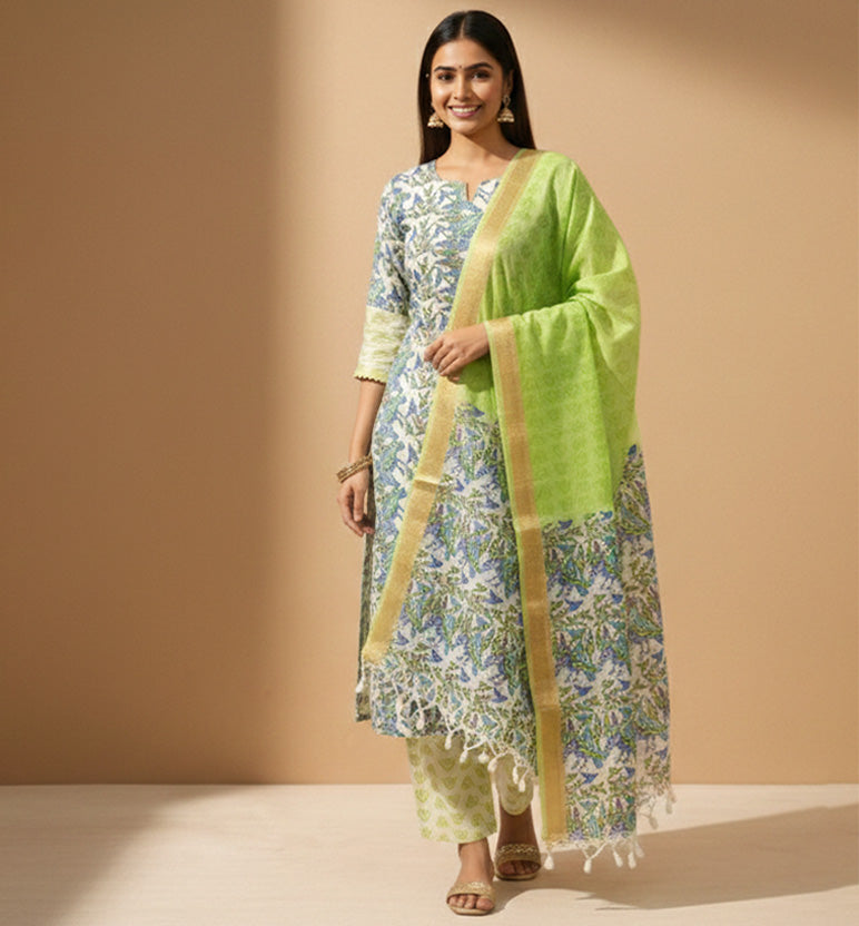 Gond Art Block Print Maheshwari Unstitched Suit Set – Heritage Tribal Motif (3 Piece)