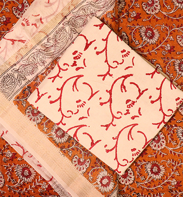 Block Print Kalamkari Maheshwari Unstitched Suit Set – 3 Piece