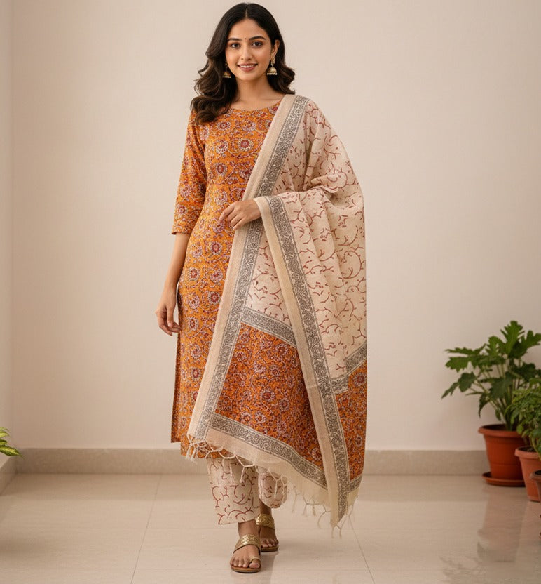 Block Print Kalamkari Maheshwari Unstitched Suit Set – 3 Piece