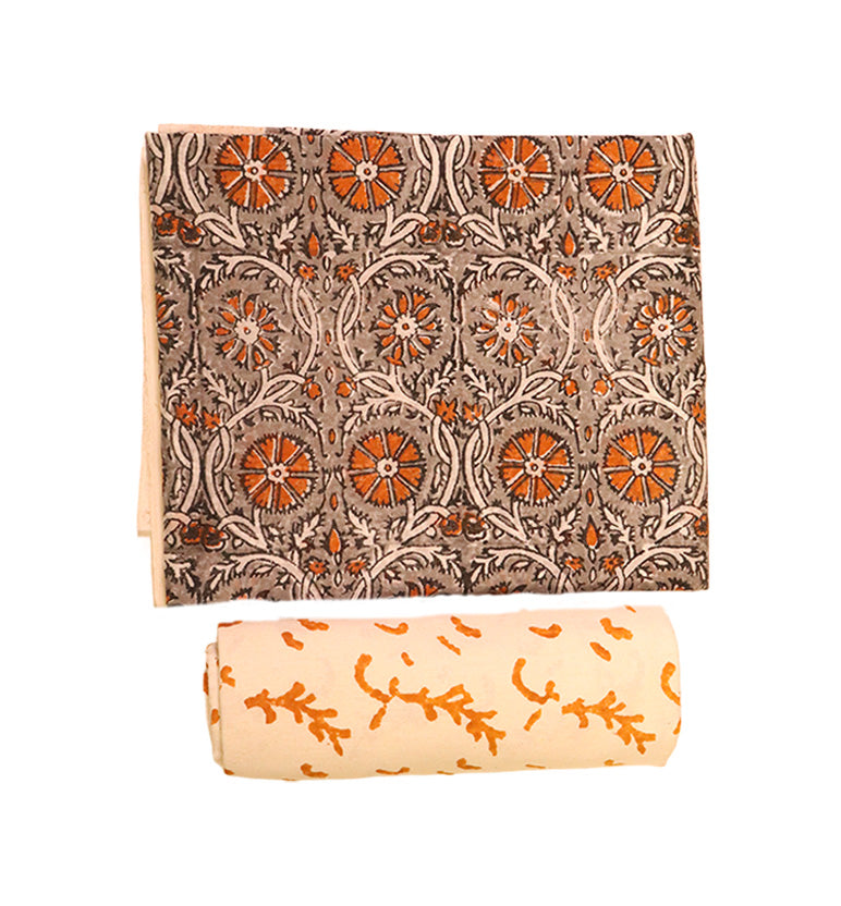 Block Print Kalamkari Maheshwari Unstitched Suit Set – Traditional Medallion Motif (3 Piece)