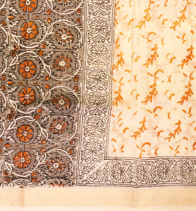 Block Print Kalamkari Maheshwari Unstitched Suit Set – Traditional Medallion Motif (3 Piece)