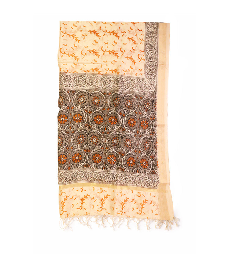 Block Print Kalamkari Maheshwari Unstitched Suit Set – Traditional Medallion Motif (3 Piece)