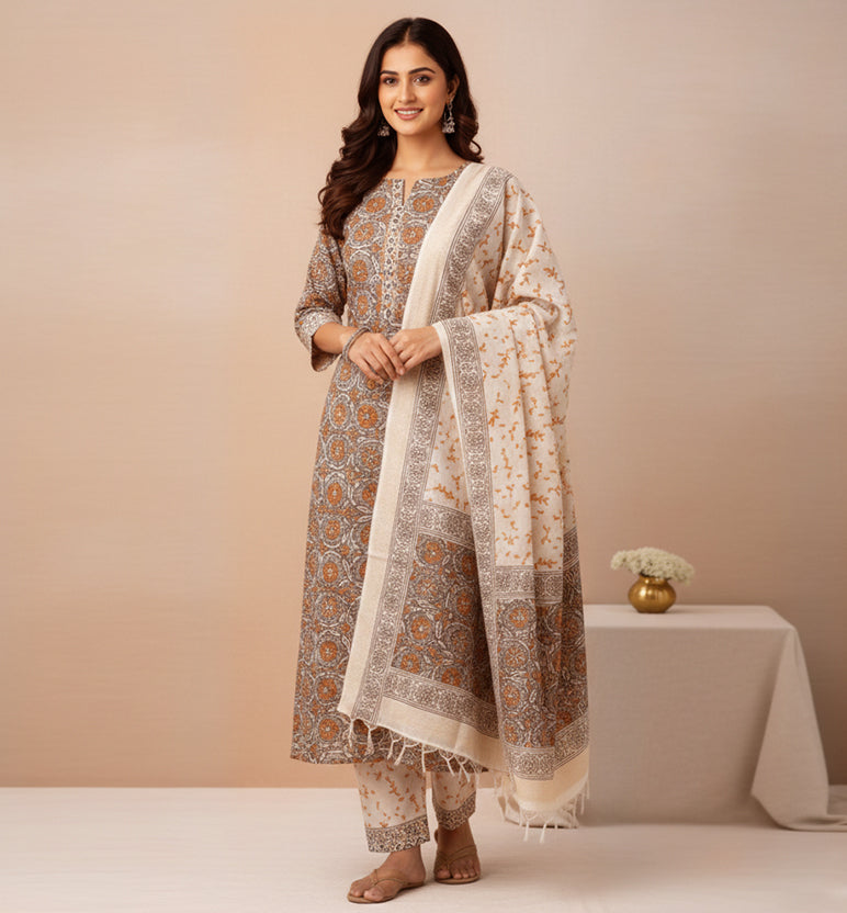 Block Print Kalamkari Maheshwari Unstitched Suit Set – Traditional Medallion Motif (3 Piece)