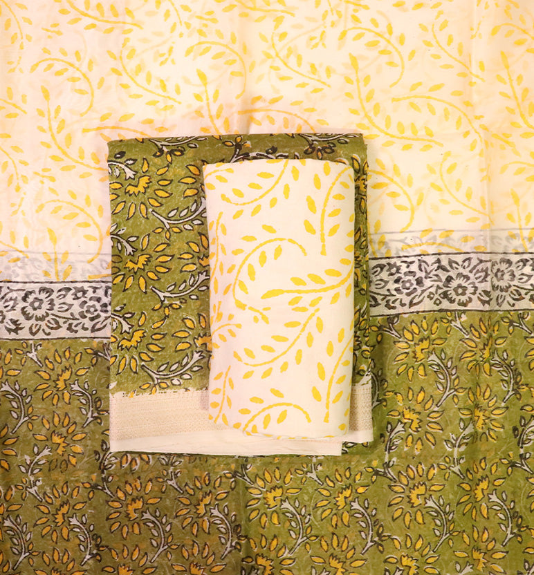 Block Print Kalamkari Maheshwari Unstitched Suit Set – 3 Piece