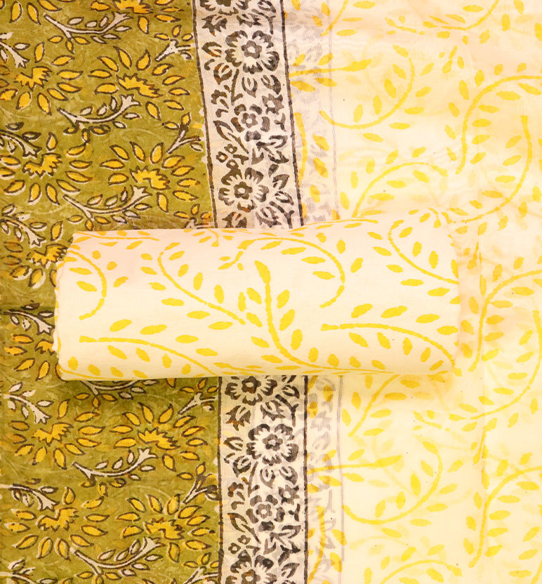 Block Print Kalamkari Maheshwari Unstitched Suit Set – 3 Piece