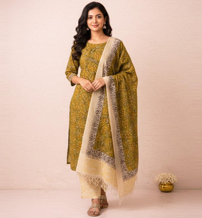 Block Print Kalamkari Maheshwari Unstitched Suit Set – 3 Piece
