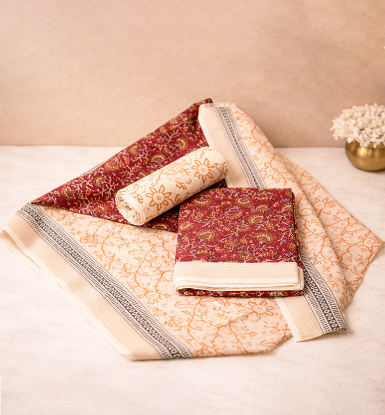 Block Print Kalamkari Maheshwari Unstitched Suit Set – Floral Motif (3 Piece)