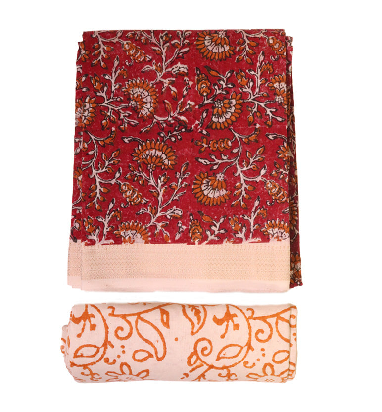 Block Print Kalamkari Maheshwari Unstitched Suit Set – Floral Motif (3 Piece)