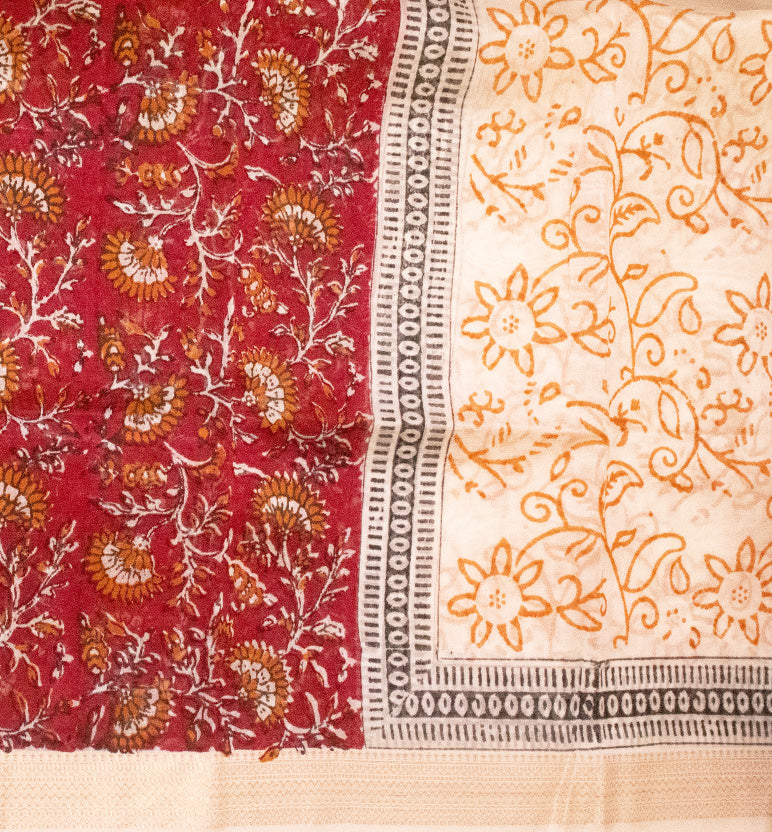 Block Print Kalamkari Maheshwari Unstitched Suit Set – Floral Motif (3 Piece)