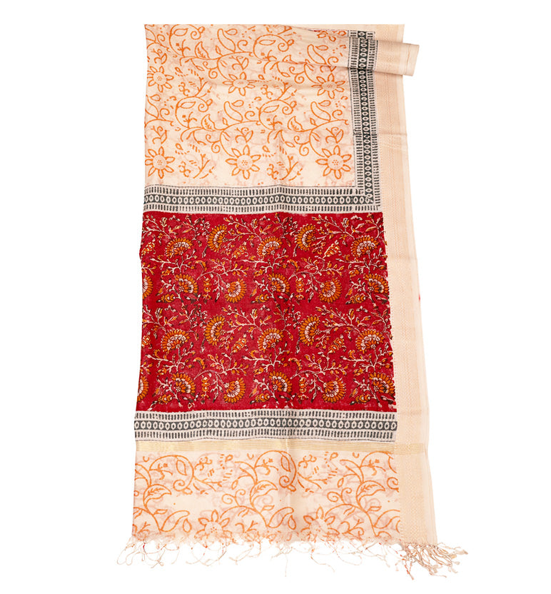 Block Print Kalamkari Maheshwari Unstitched Suit Set – Floral Motif (3 Piece)