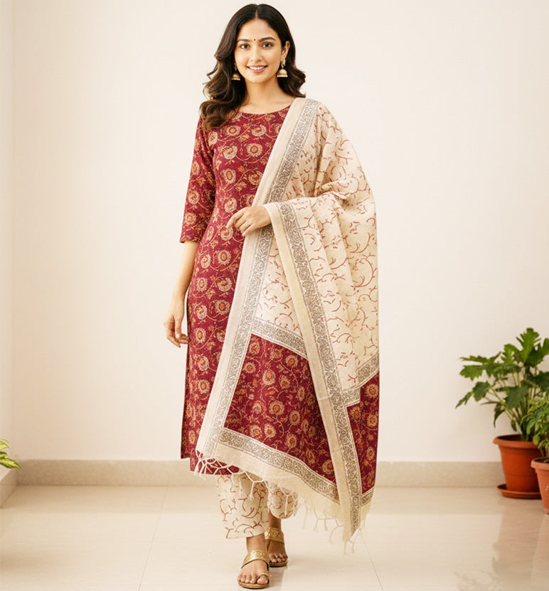 Block Print Kalamkari Maheshwari Unstitched Suit Set – Floral Motif (3 Piece)