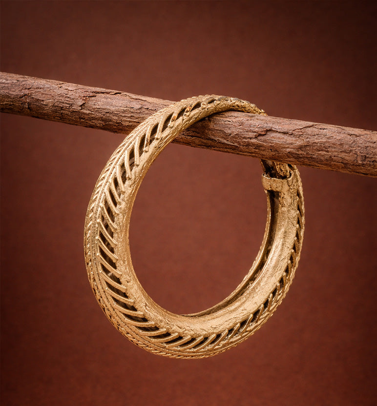 Handcrafted Bell Metal Open Cuff Kada – Antique Engraved Leaf Design