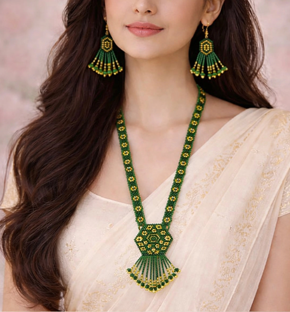 Handcrafted Geometric Beaded Mangalsutra Set with Earrings