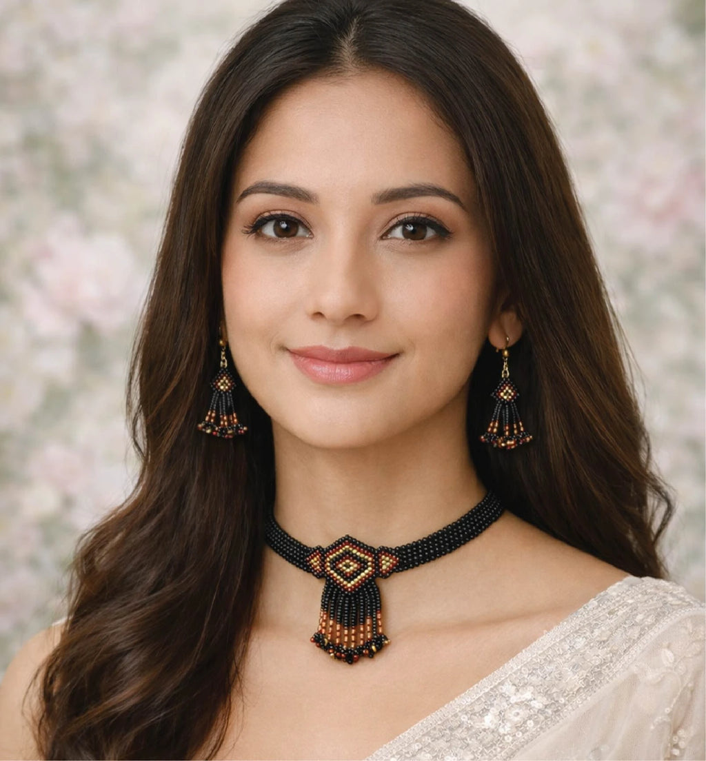 Handcrafted Geometric Beaded Choker Necklace Set with Earrings