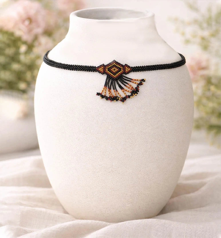 Handcrafted Geometric Beaded Choker Necklace Set with Earrings
