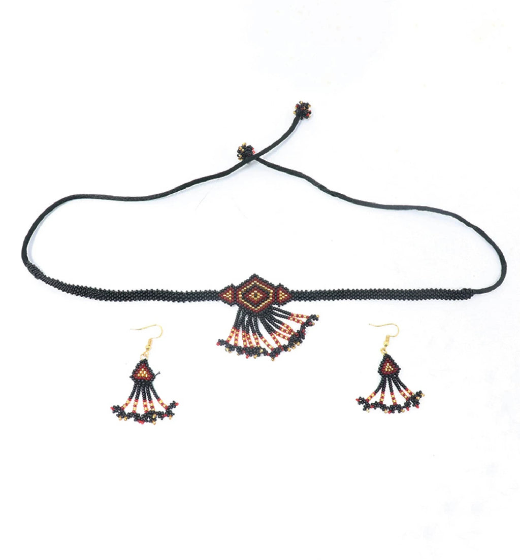 Handcrafted Geometric Beaded Choker Necklace Set with Earrings