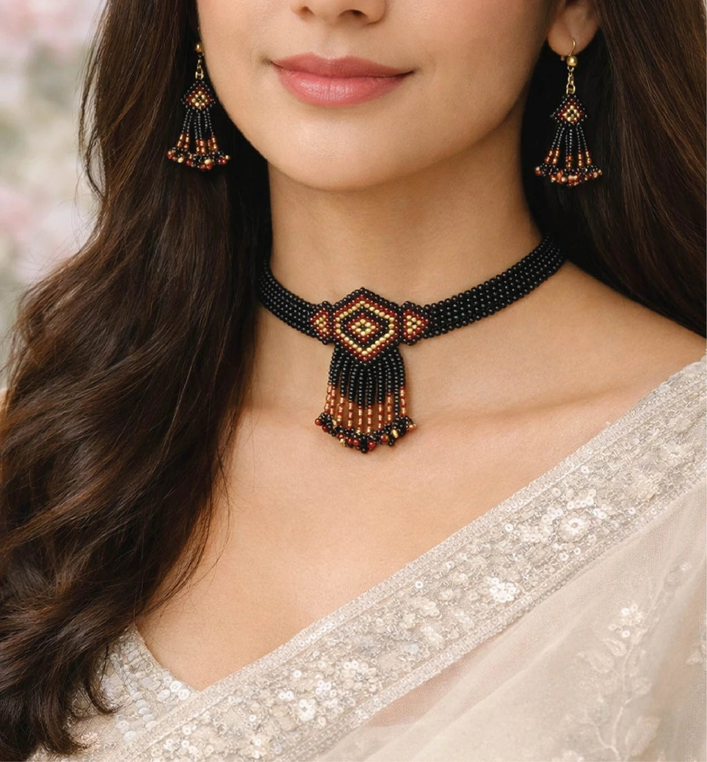 Handcrafted Geometric Beaded Choker Necklace Set with Earrings