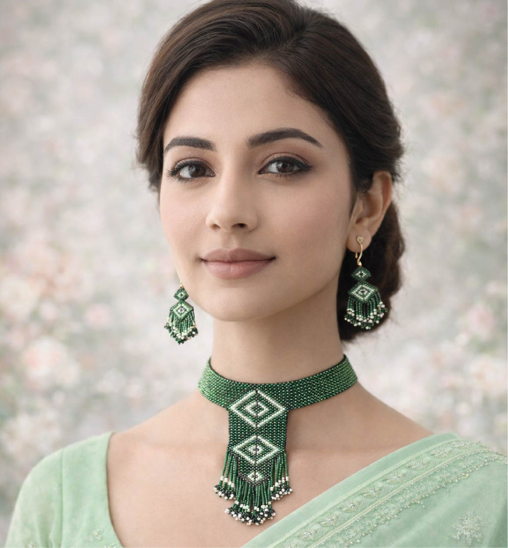 Handcrafted Geometric Beadwork Choker Necklace Set with Earrings