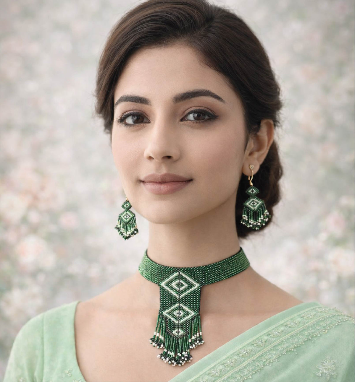 Handcrafted Geometric Beadwork Choker Necklace Set with Earrings