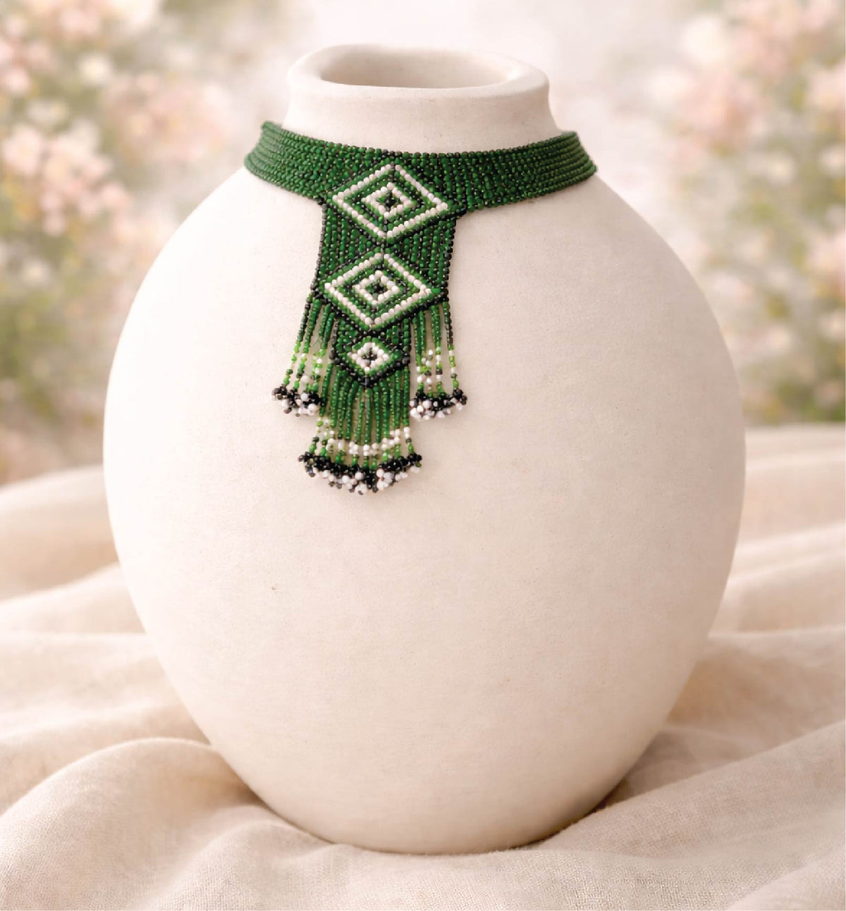 Handcrafted Geometric Beadwork Choker Necklace Set with Earrings