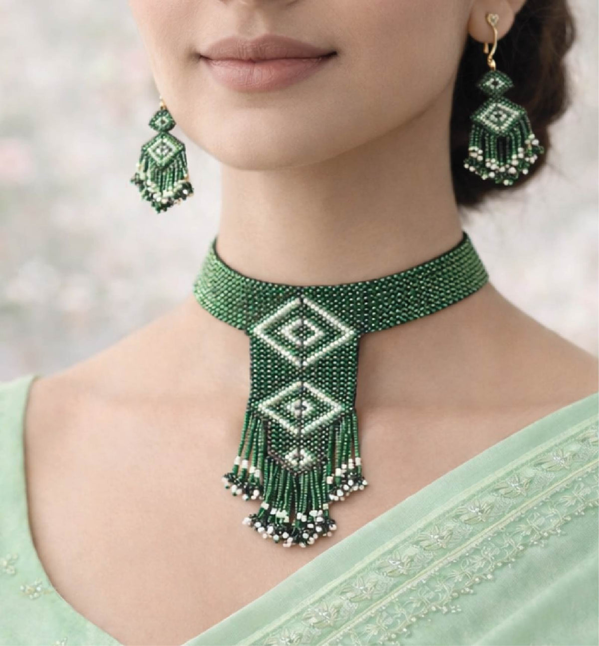 Handcrafted Geometric Beadwork Choker Necklace Set with Earrings
