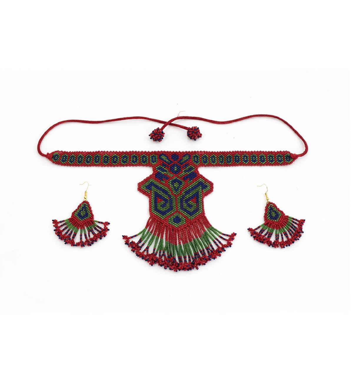 Handcrafted Geometric Beadwork Choker Necklace Set with Earrings