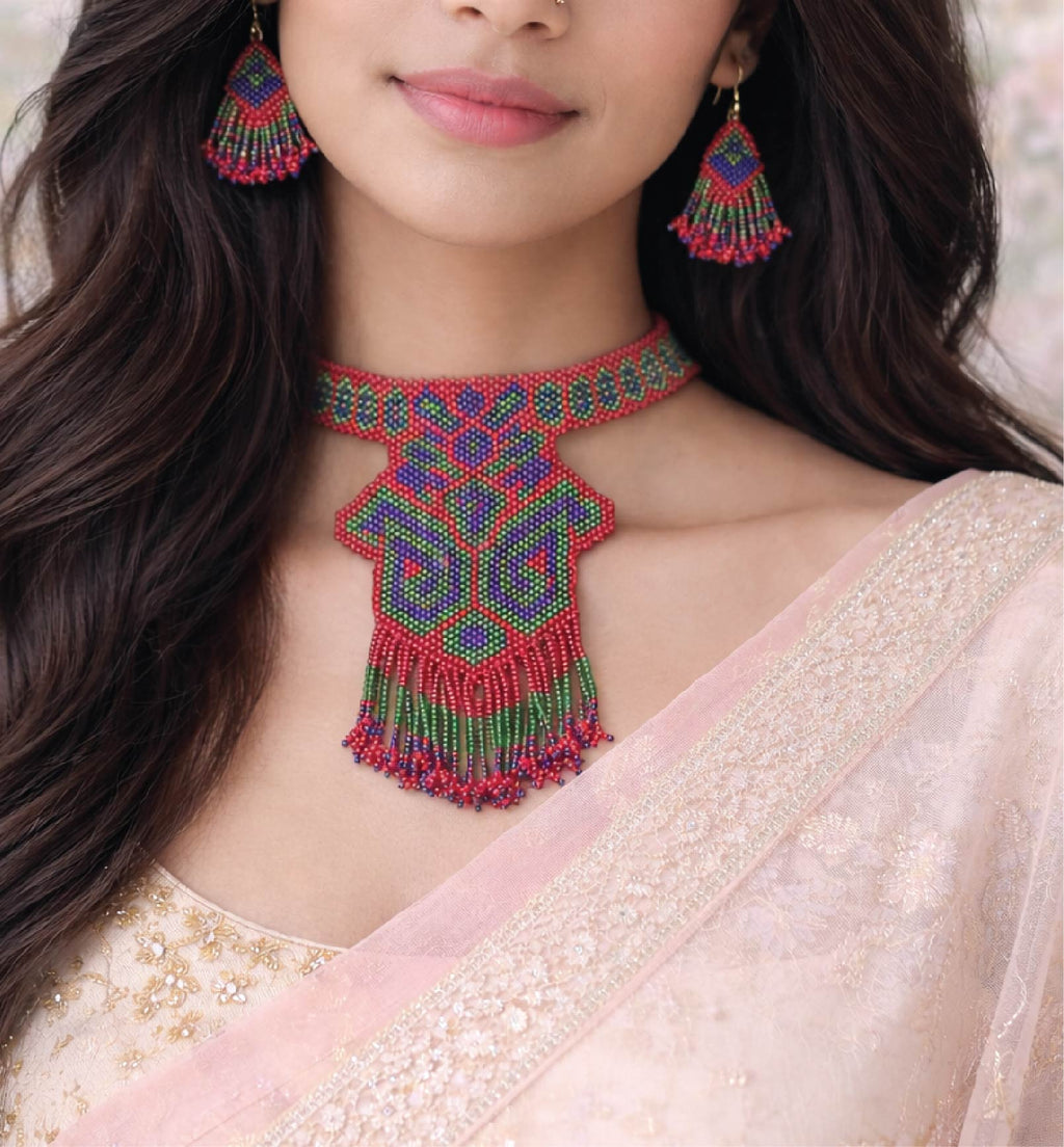 Handcrafted Geometric Beadwork Choker Necklace Set with Earrings
