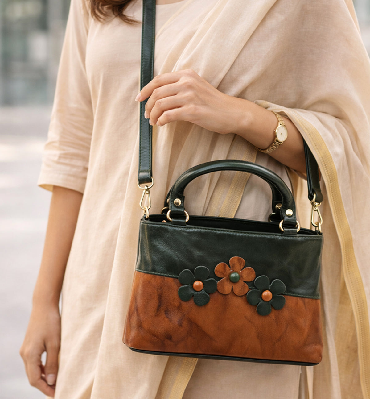 Premium Handcrafted Sheep Leather Floral Applique Handbag