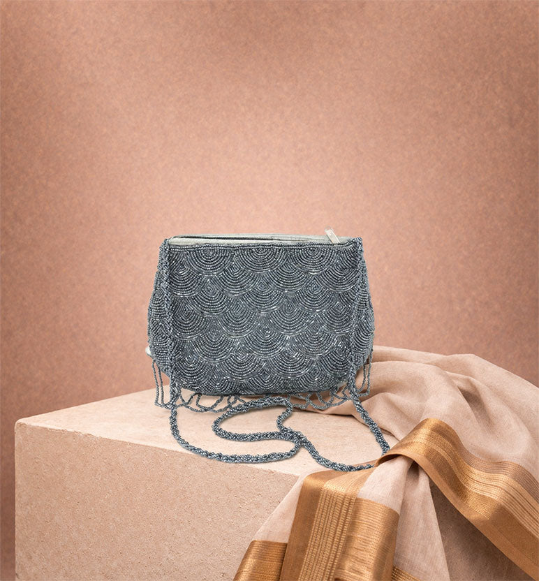 Handcrafted Grey Beaded Evening Hand Bag with Chain Strap