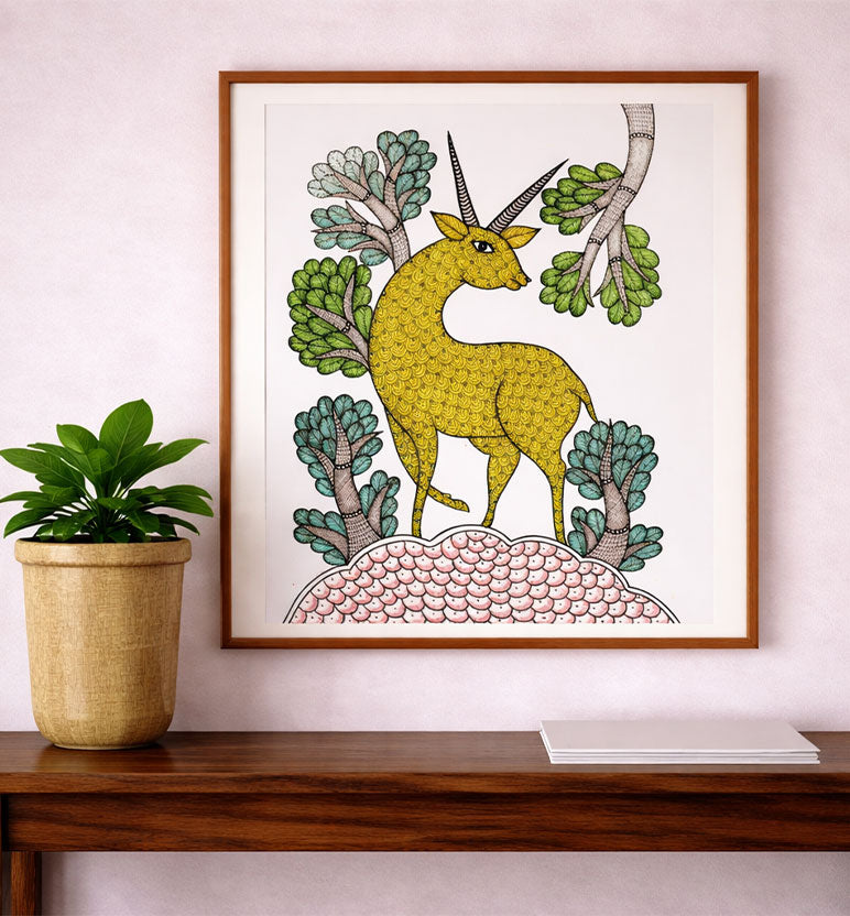 Handcrafted Gond  Antelope Painting | Traditional Tribal Folk Art of Madhya Pradesh