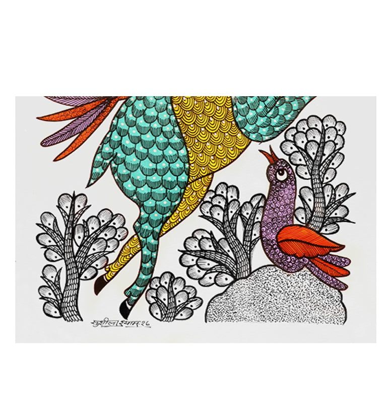 Handcrafted Gond Deer with Birds Painting | Traditional Tribal Folk Art of Madhya Pradesh