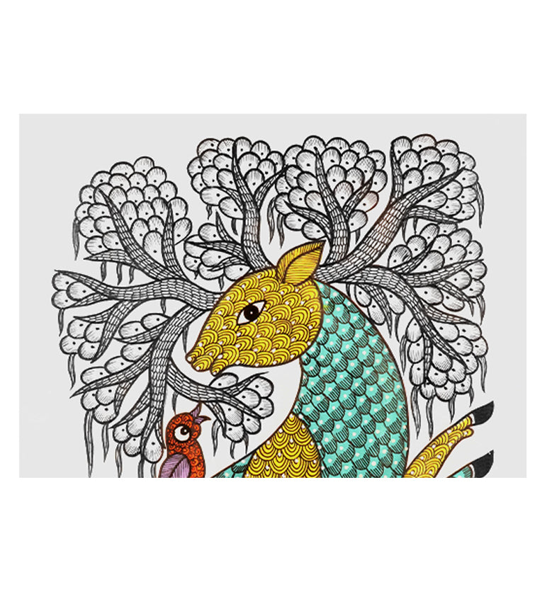 Handcrafted Gond Deer with Birds Painting | Traditional Tribal Folk Art of Madhya Pradesh